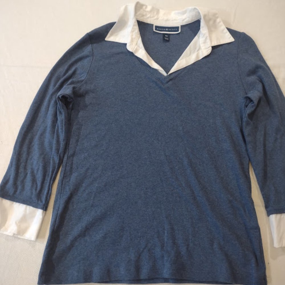 KAREN SCOTT BLUE LONG SLEEVE BLOUSE WITH FAUX BUTTON DOWN WHITE SHIRT UNDERLAYER